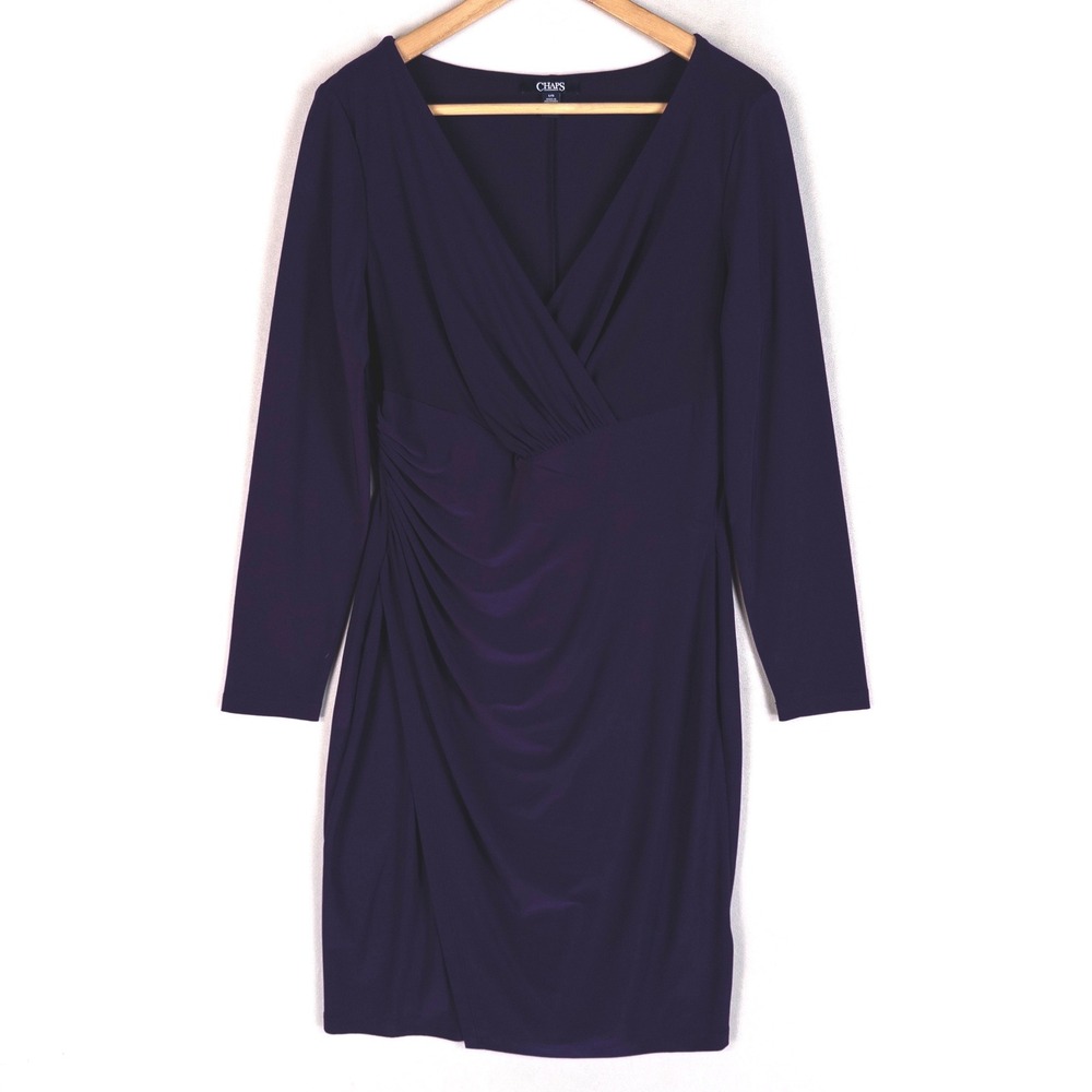 Chaps Womens Faux Wrap Dress Large Purple Long Sleeve Ruched V-Neck Sheath